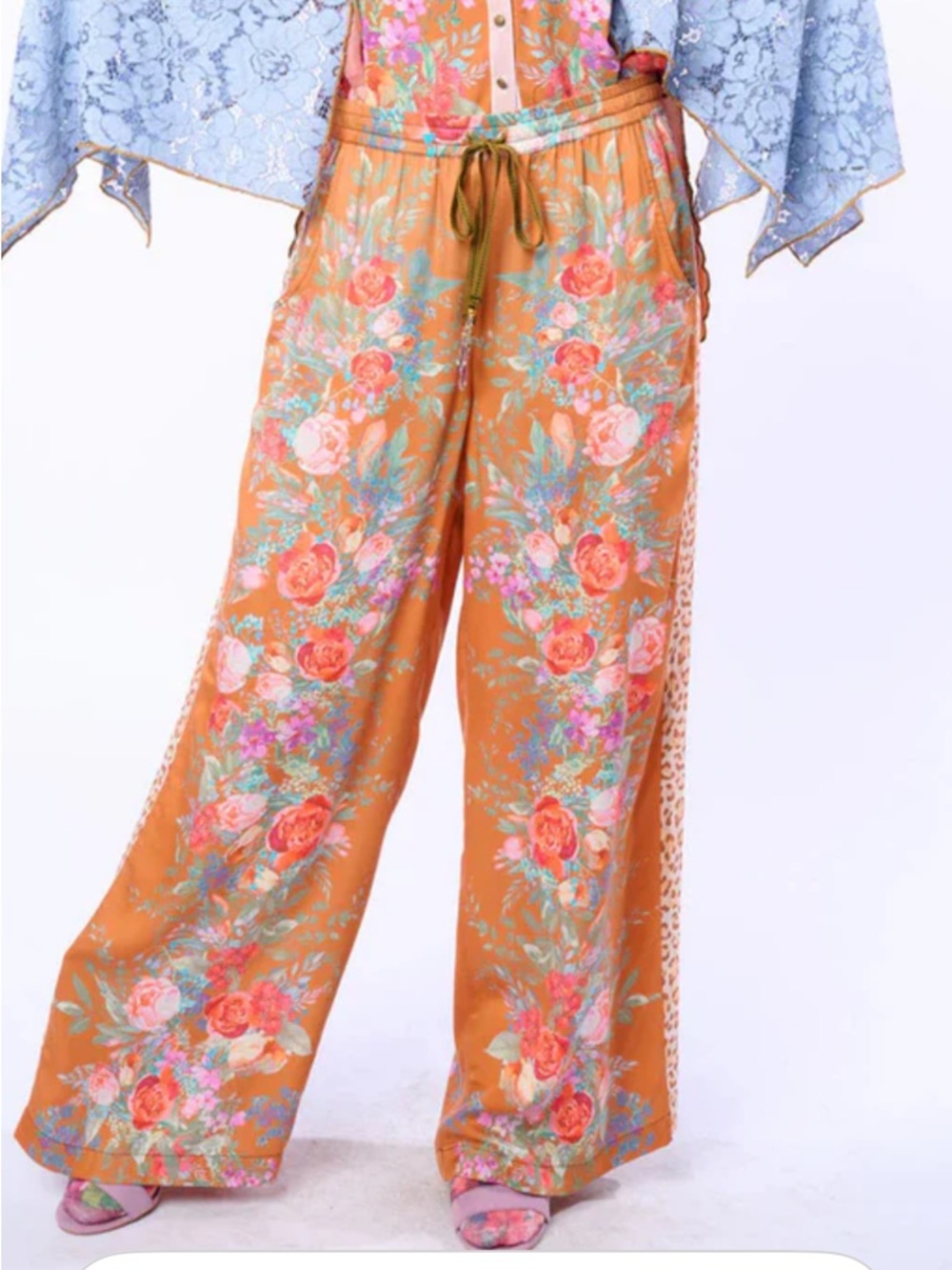 Floral Wide-Leg Drawstring Pants in Orange - Picture 5 of 6